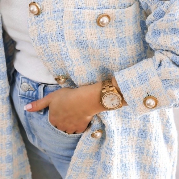 Zara Blue White Houndstooth Tweed Pearl Jewel Button Overshirt Shacket Jacket M - Picture 3 of 11